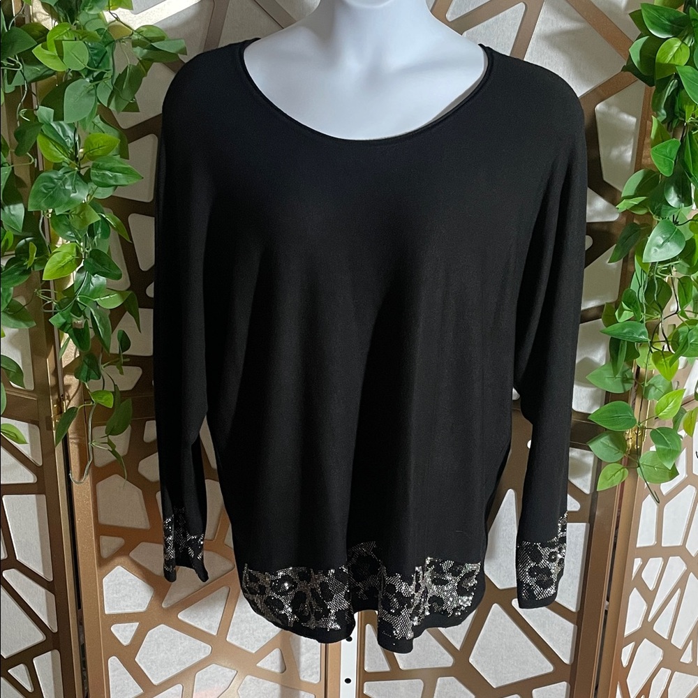 Frank Lyman Design Black Sweater Beaded Design, XL